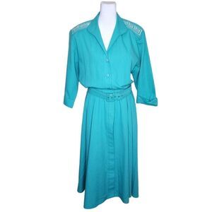 Vintage 80s Midi Belted Shirt Dress Womens Size 12 Teal Blue Green Shoulder Pads